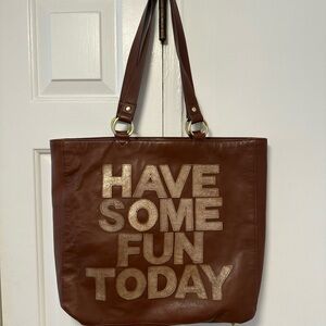 Brown Tote Bag with Gold Text